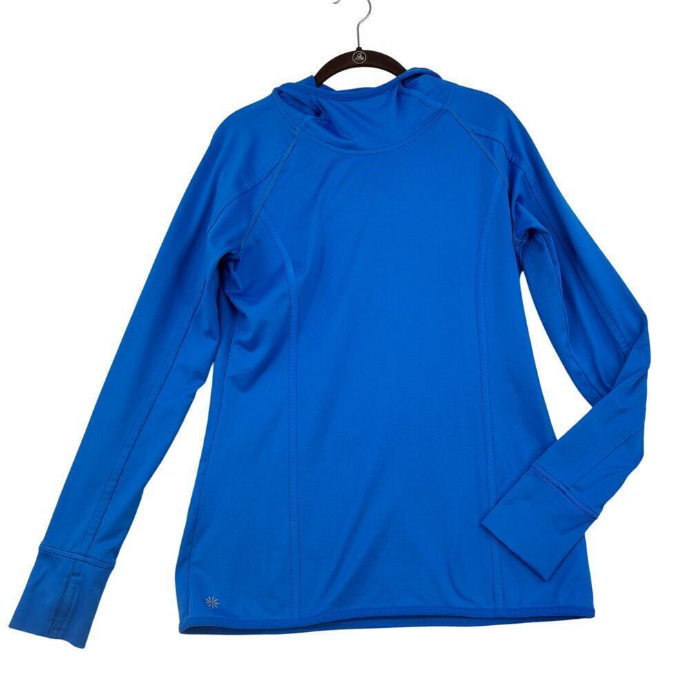 Athleta Sweatshirt Size M Blue‎ Hooded Fleece Lined Hoodie Thumbholes Mock Neck
